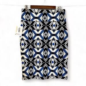 LuLaRoe Cassie Pencil Skirt Blue Yellow White Sz L NWT all over geometric print
